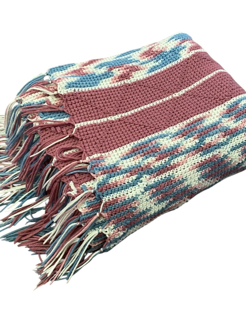 Vintage Handmade Crochet Knitted Sofa Throw Blanket Pink Blue Fringed 66x56